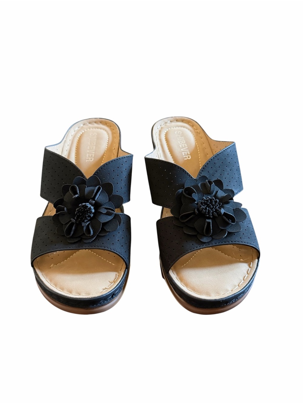 ComfortView Black Floral Double-Strap Slide Mules for Women
